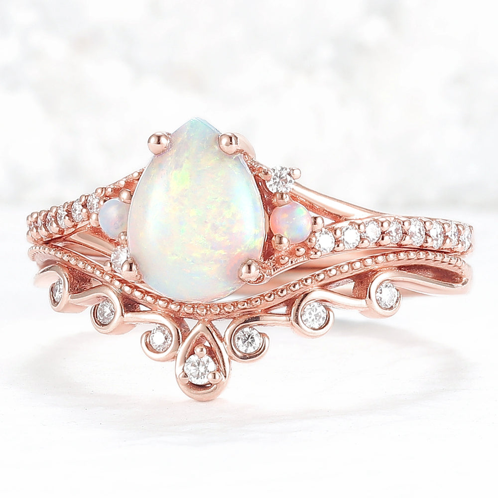 Nature Inspired Pear Shaped Opal Gemstone Ring Set