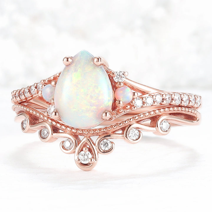Nature Inspired Pear Shaped Opal Gemstone Ring Set
