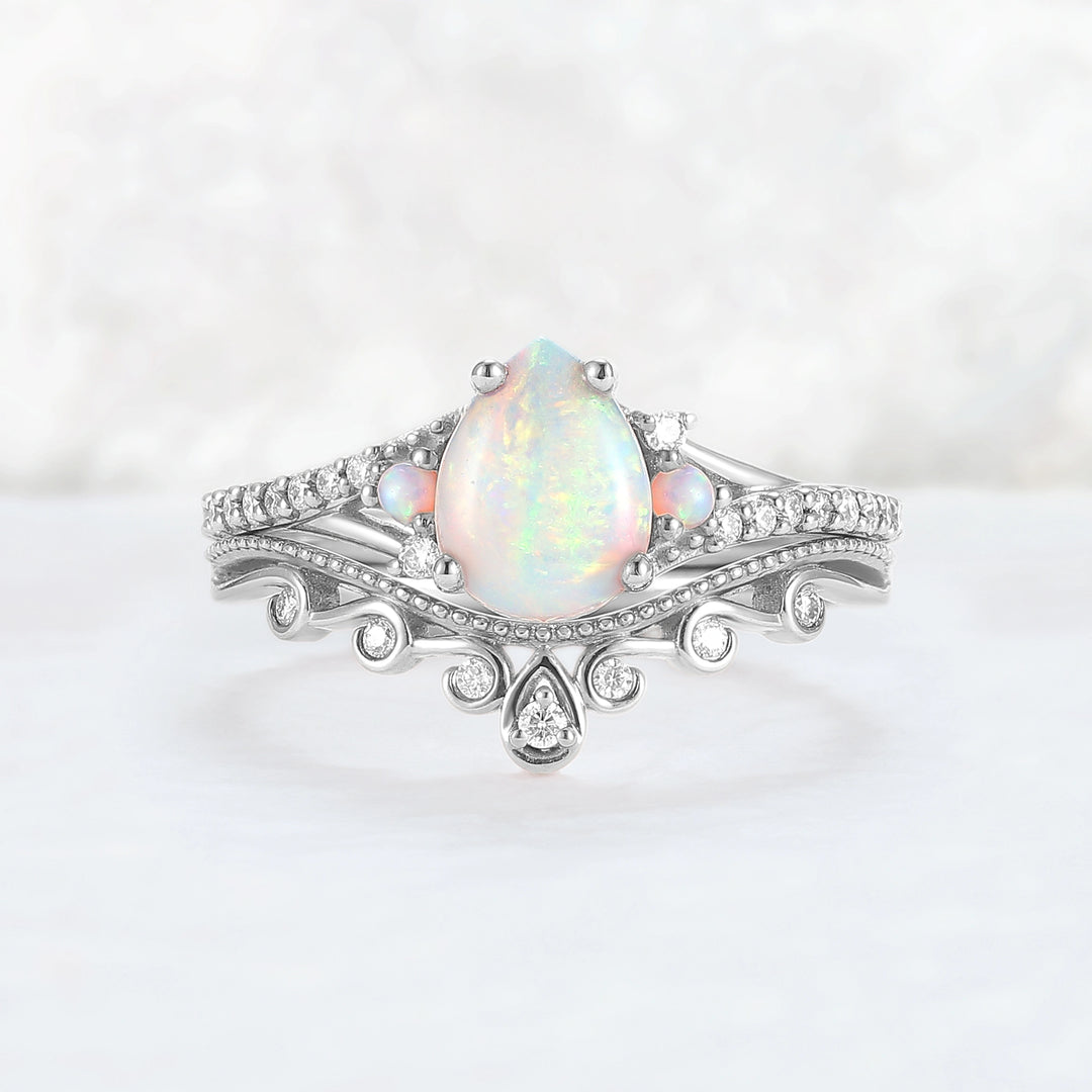 Nature Inspired Pear Shaped Opal Gemstone Ring Set