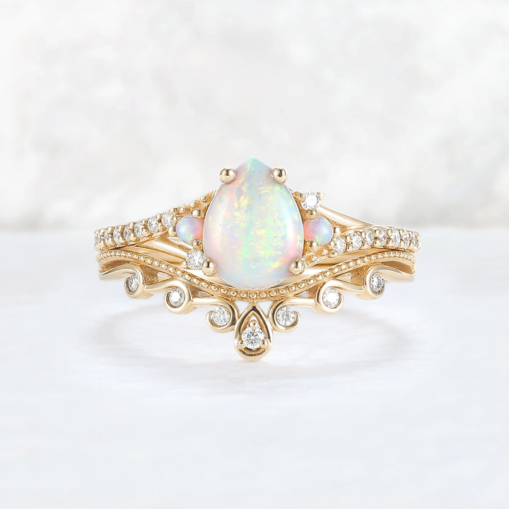 Nature Inspired Pear Shaped Opal Gemstone Ring Set