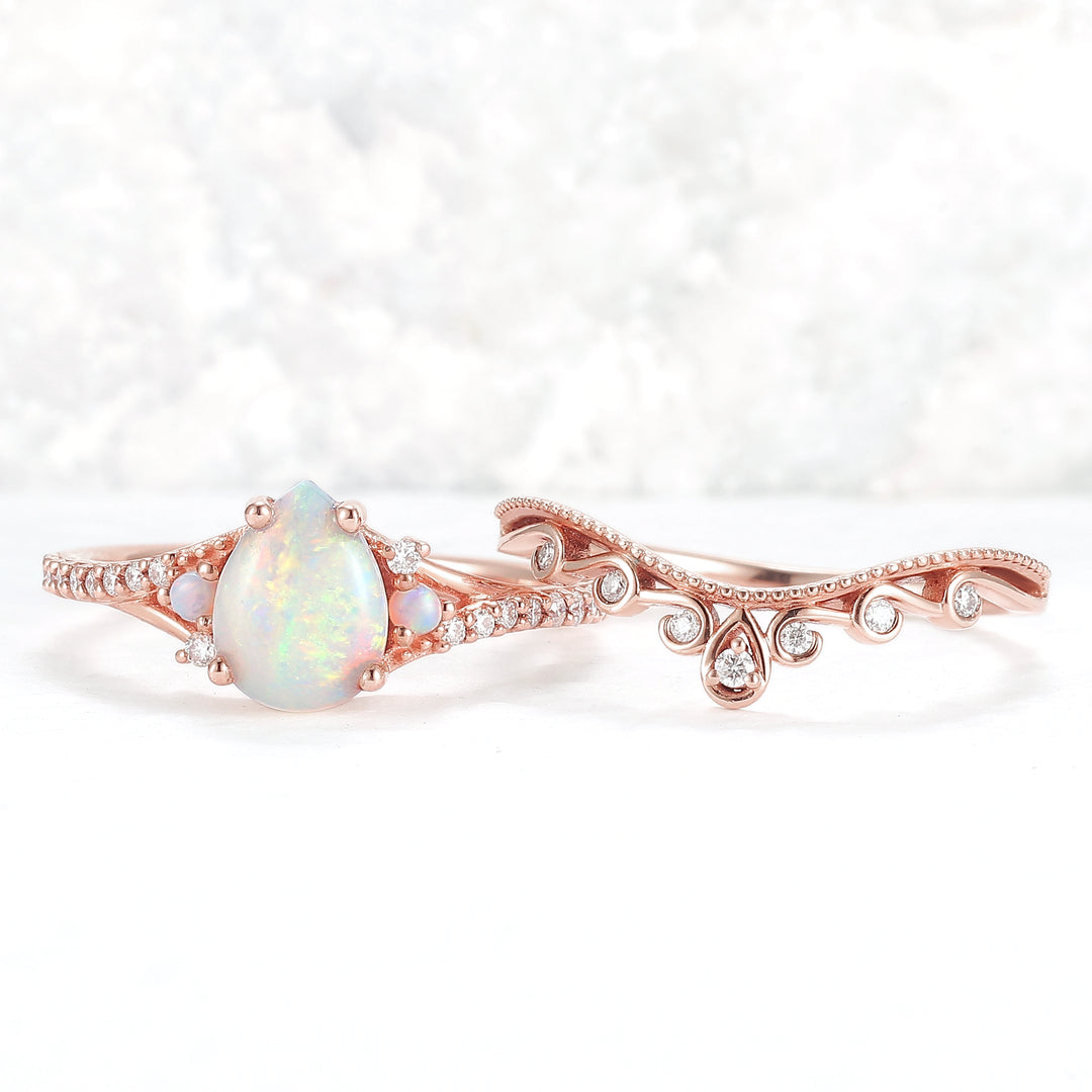 Nature Inspired Pear Shaped Opal Gemstone Ring Set