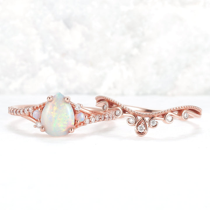 Nature Inspired Pear Shaped Opal Gemstone Ring Set
