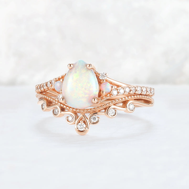 Nature Inspired Pear Shaped Opal Gemstone Ring Set