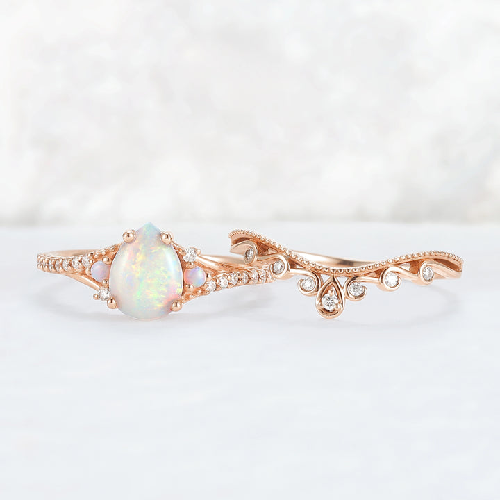 Nature Inspired Pear Shaped Opal Gemstone Ring Set