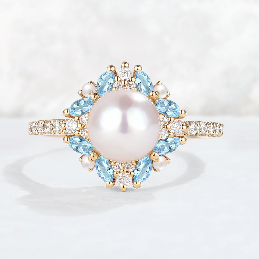 Nature Inspired Pearl and Aquamarine Half Enternityn Gemstone Ring