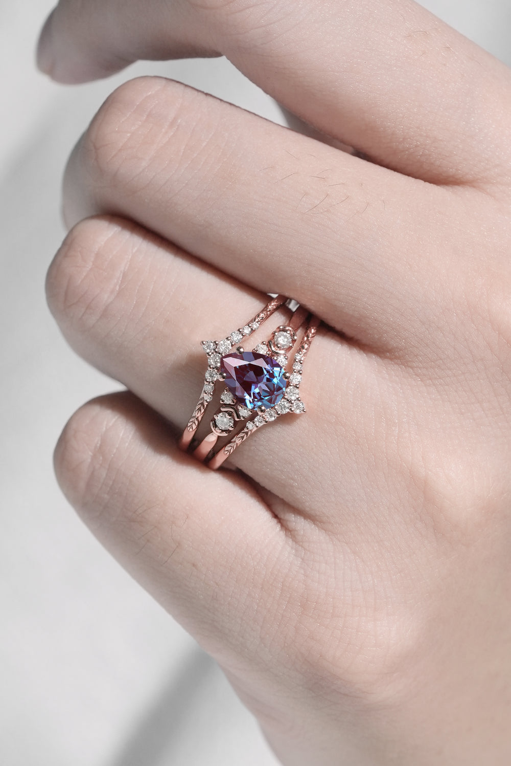 Unique Pear Cut Alexandrite Cluster Enhancer Gemstone Ring Set 2pcs