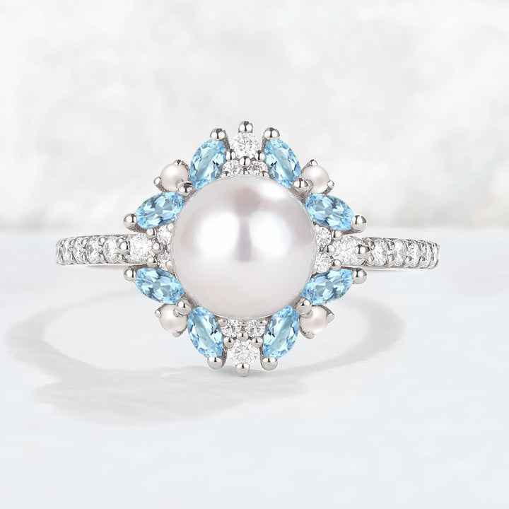 Nature Inspired Pearl and Aquamarine Half Enternityn Gemstone Ring