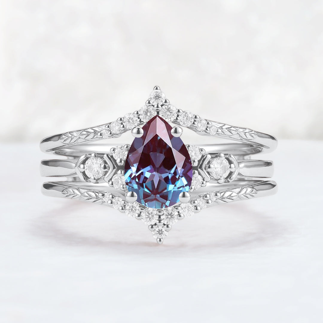 Unique Pear Cut Alexandrite Cluster Enhancer Gemstone Ring Set 2pcs