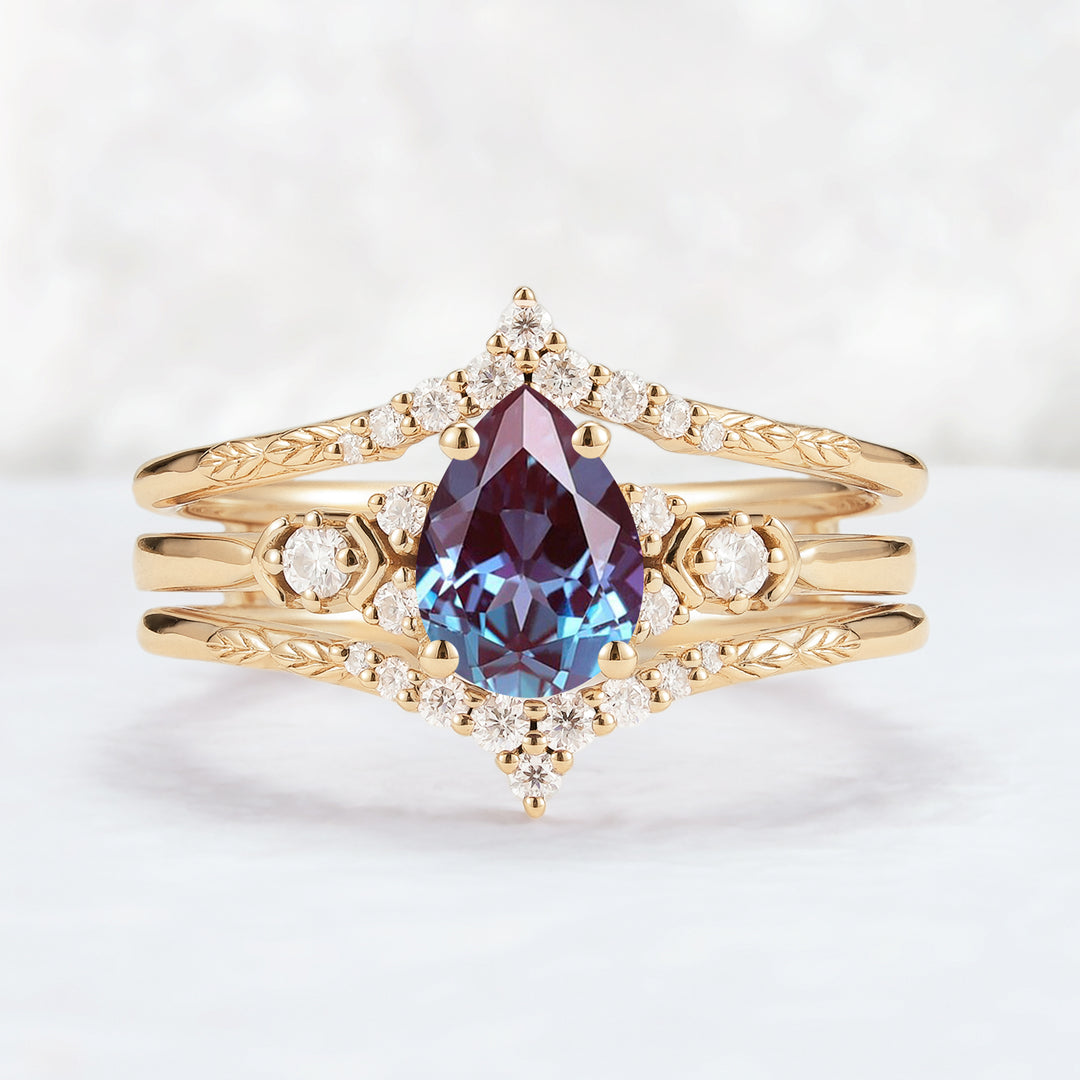 Unique Pear Cut Alexandrite Cluster Enhancer Gemstone Ring Set 2pcs