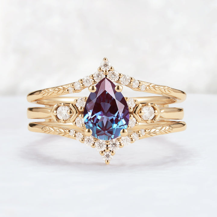 Unique Pear Cut Alexandrite Cluster Enhancer Gemstone Ring Set 2pcs