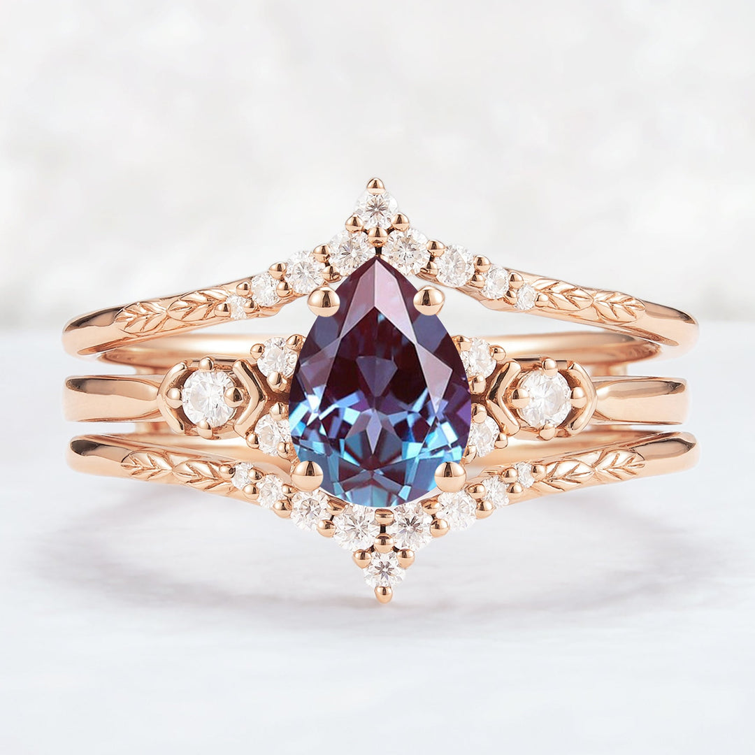 Unique Pear Cut Alexandrite Cluster Enhancer Gemstone Ring Set 2pcs