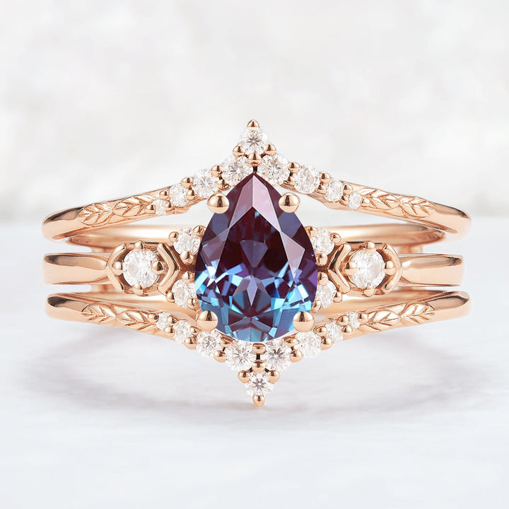 Unique Pear Cut Alexandrite Cluster Enhancer Gemstone Ring Set 2pcs