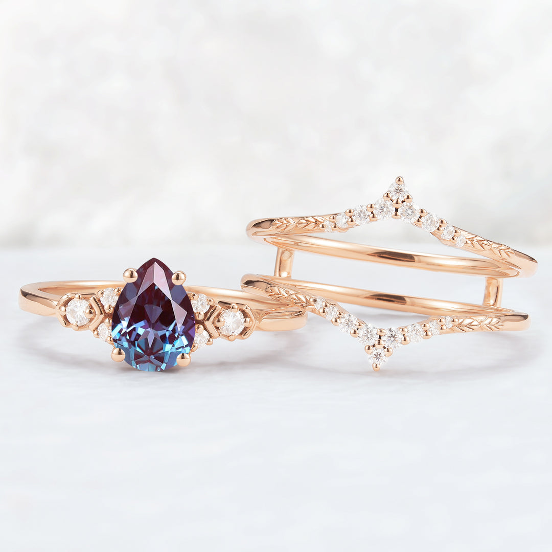 Unique Pear Cut Alexandrite Cluster Enhancer Gemstone Ring Set 2pcs