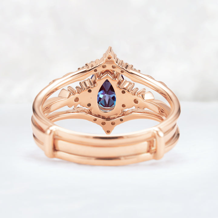 Unique Pear Cut Alexandrite Cluster Enhancer Gemstone Ring Set 2pcs