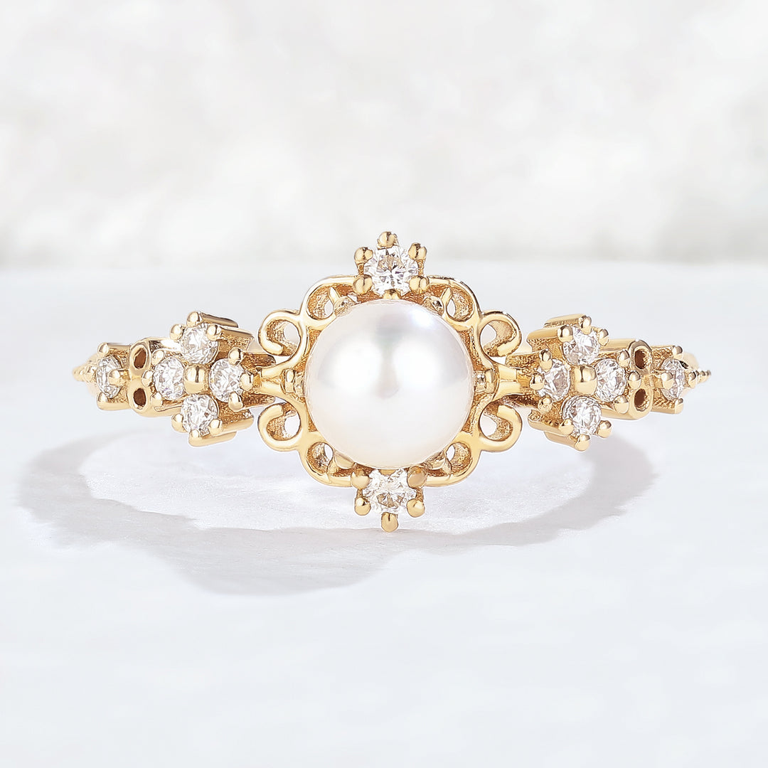 Nature Inspired Pearl and Moissanite Vine and Floral Gemstone Ring