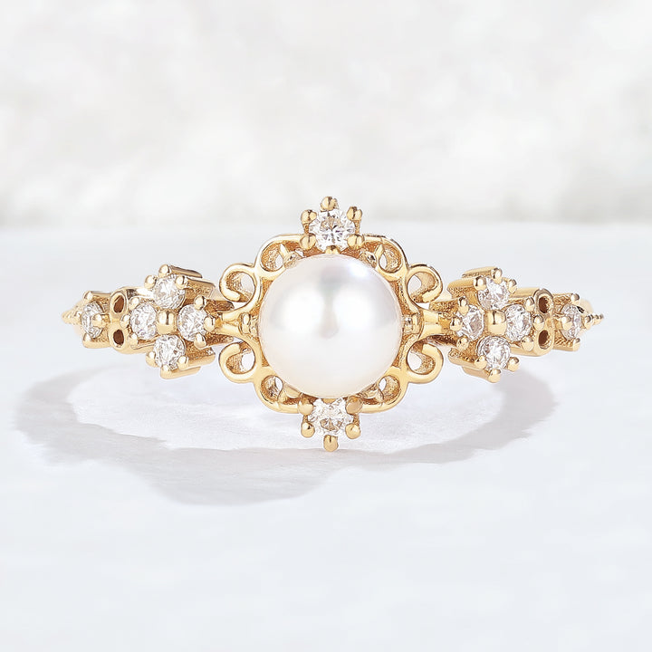 Nature Inspired Pearl and Moissanite Vine and Floral Gemstone Ring