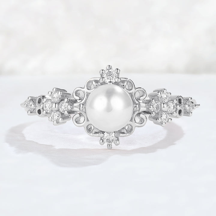 Nature Inspired Pearl and Moissanite Vine and Floral Gemstone Ring