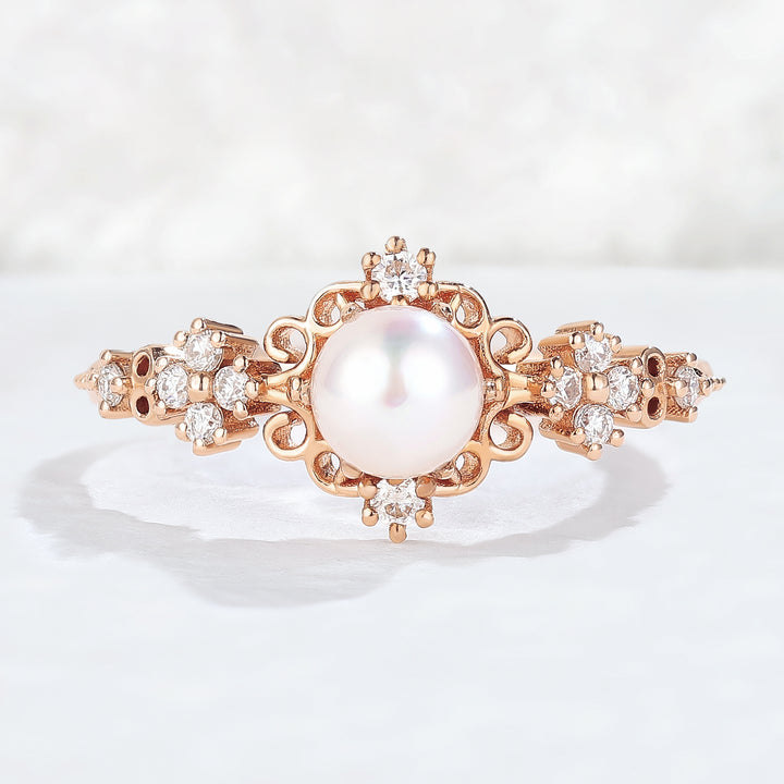 Nature Inspired Pearl and Moissanite Vine and Floral Gemstone Ring