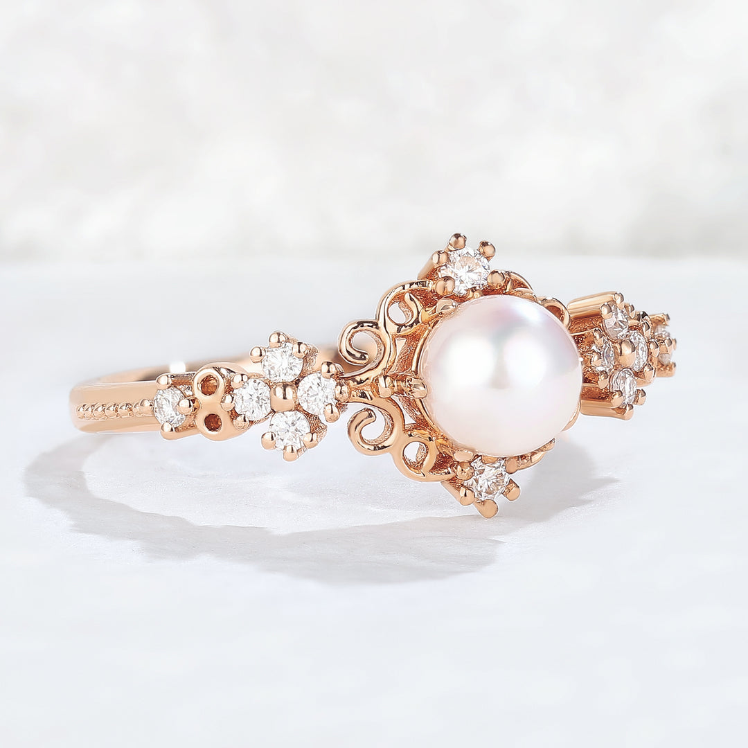 Nature Inspired Pearl and Moissanite Vine and Floral Gemstone Ring