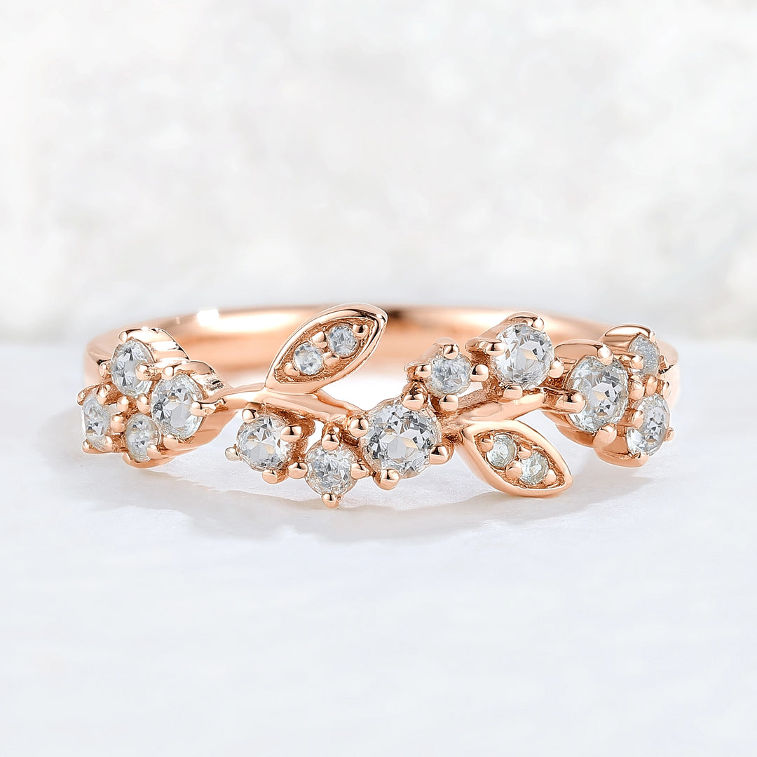 Nature Inspired Round Aquamarine Leaf Stacking Ring