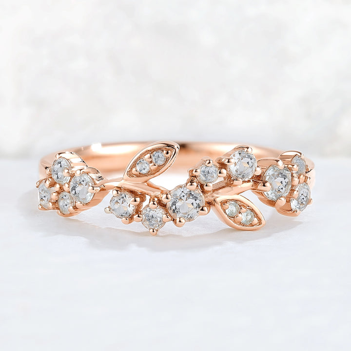 Nature Inspired Round Aquamarine Leaf Stacking Ring