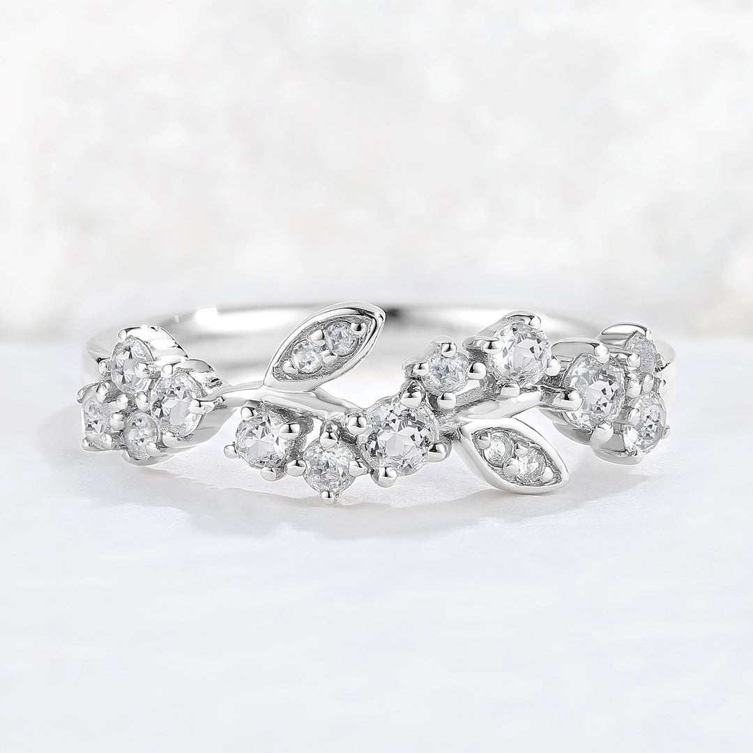 Nature Inspired Round Aquamarine Leaf Stacking Ring