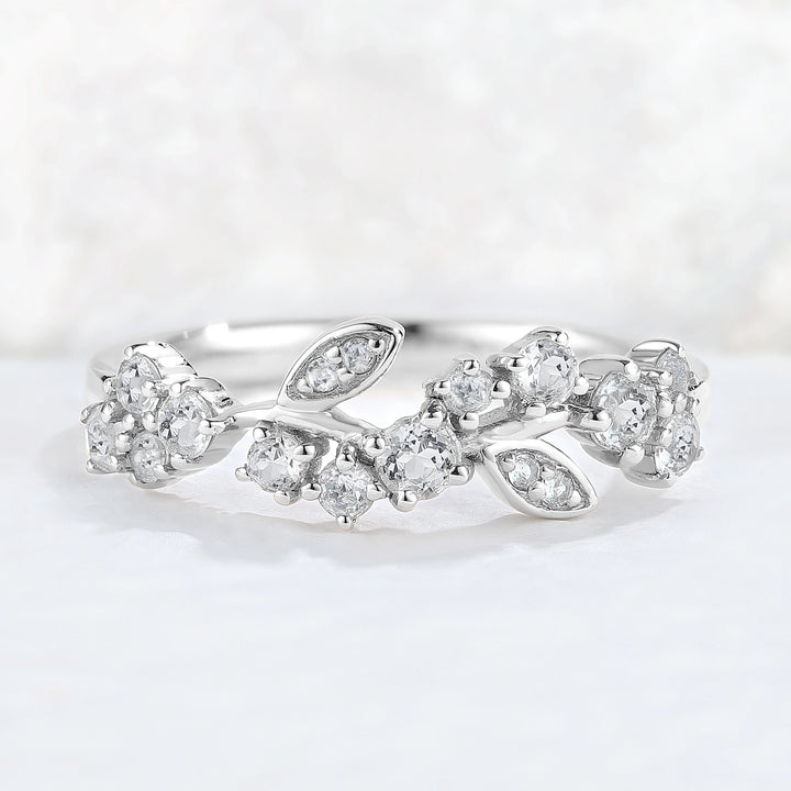 Nature Inspired Round Aquamarine Leaf Stacking Ring