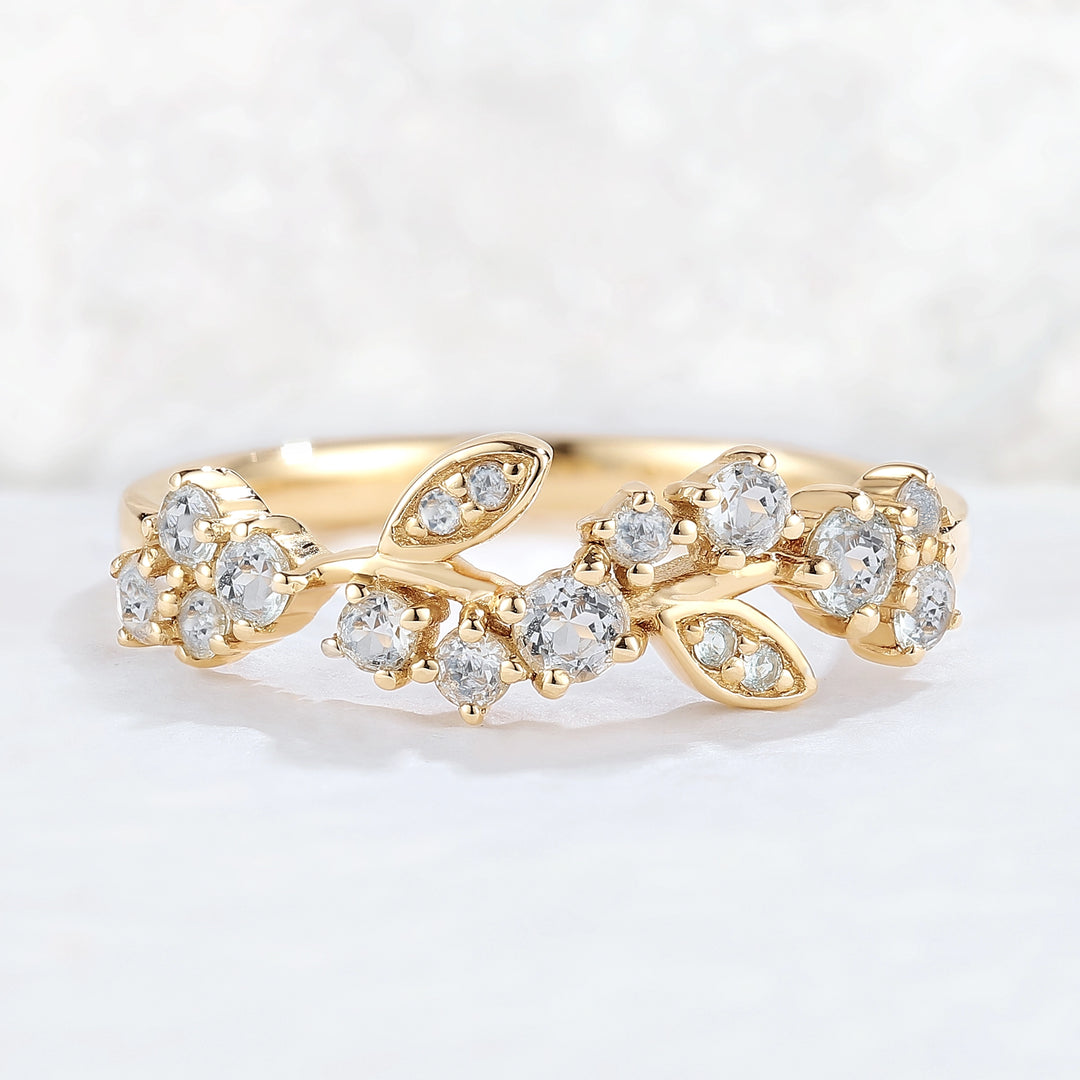Nature Inspired Round Aquamarine Leaf Stacking Ring