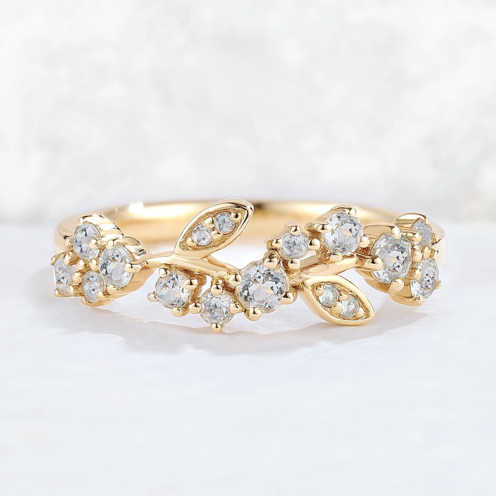 Nature Inspired Round Aquamarine Leaf Stacking Ring