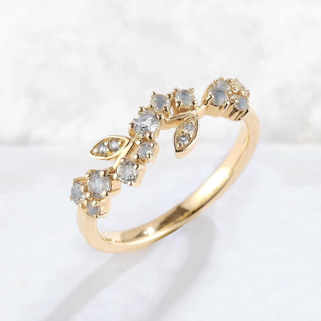 Nature Inspired Round Aquamarine Leaf Stacking Ring