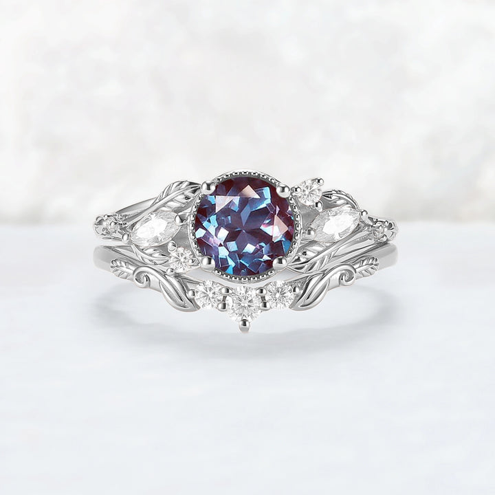 Nature_Inspired_Round_Cut_Alexandrite_Engagement_Ring_Set_2pcs_1