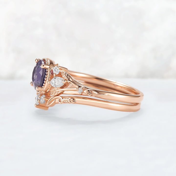 Nature Inspired Round Cut Alexandrite Engagement Ring Set 2pcs