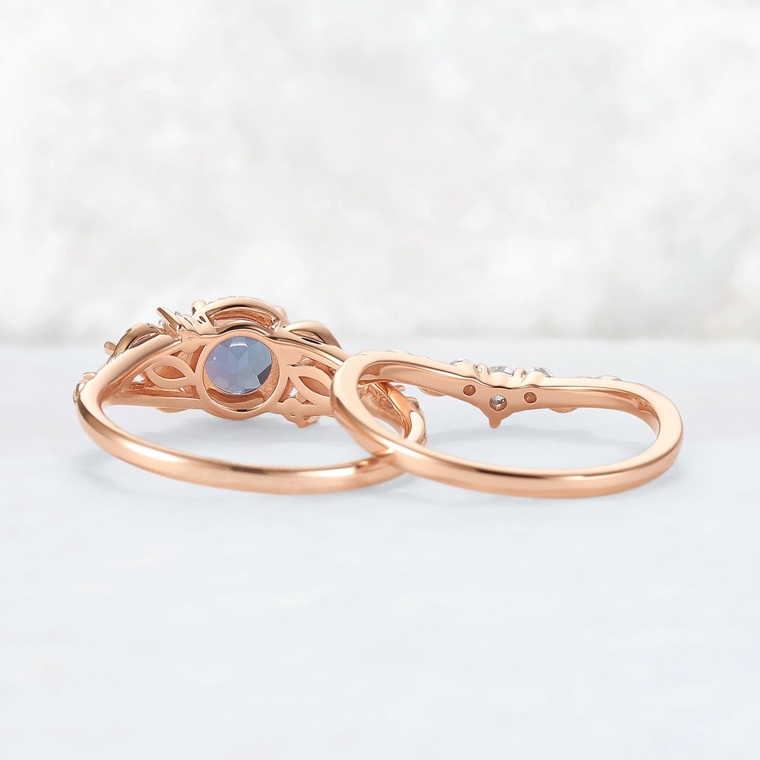 Nature Inspired Round Cut Alexandrite Engagement Ring Set 2pcs