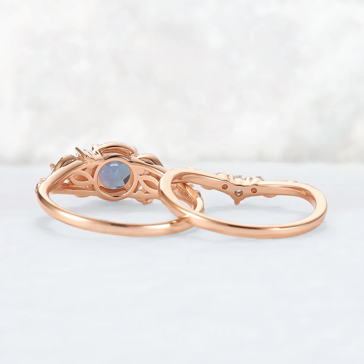 Nature Inspired Round Cut Alexandrite Engagement Ring Set 2pcs