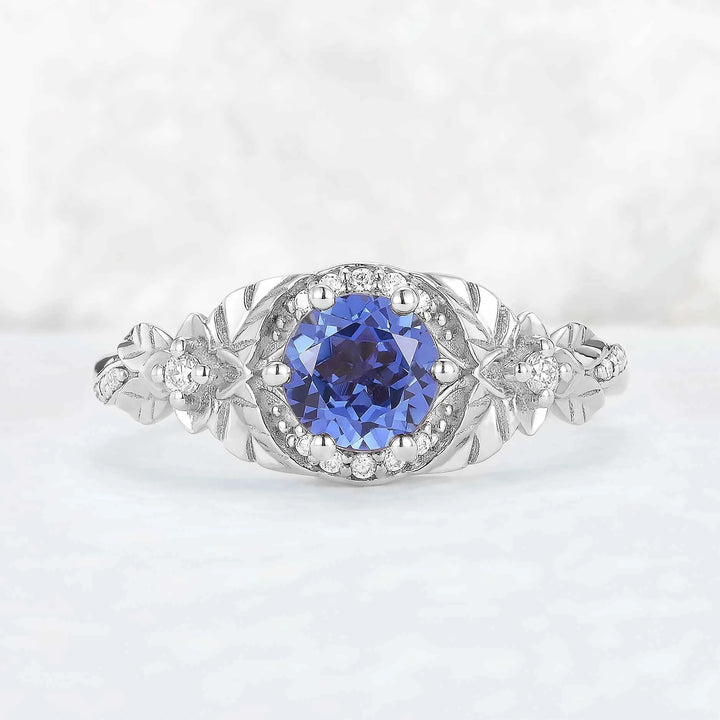 Nature Inspired Round Cut  Cornflower Sapphire Gemstone Ring