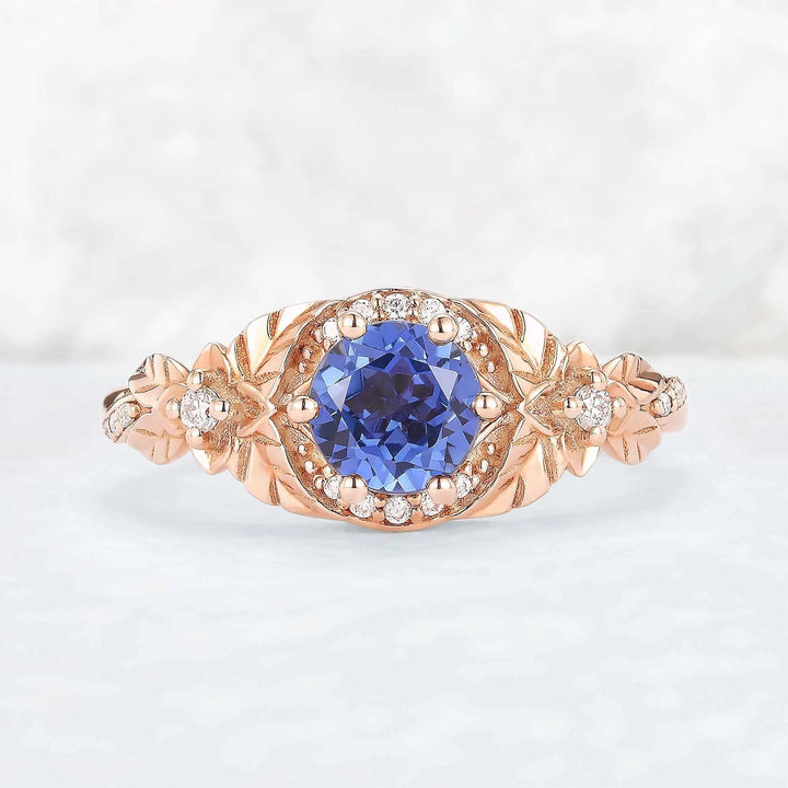 Nature Inspired Round Cut  Cornflower Sapphire Gemstone Ring