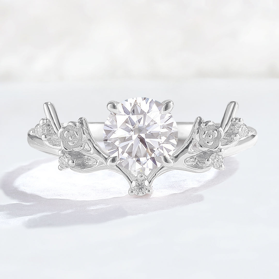 Nature Inspired Round Cut Moissanite Antlers Handmade Ring