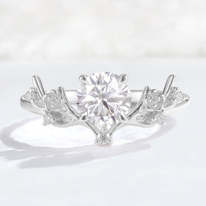 Nature Inspired Round Cut Moissanite Antlers Handmade Ring