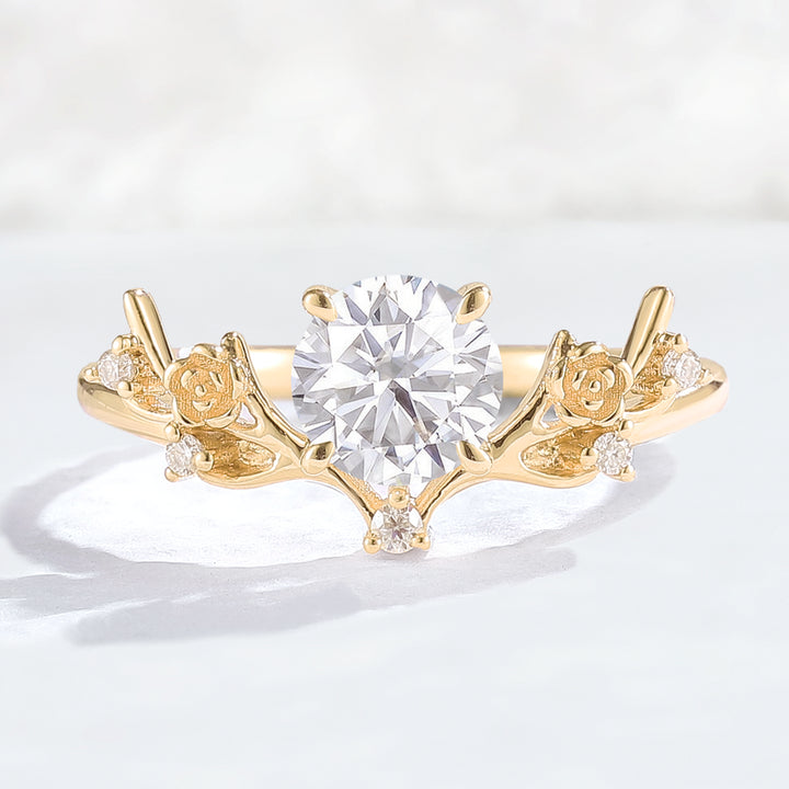 Nature Inspired Round Cut Moissanite Antlers Handmade Ring