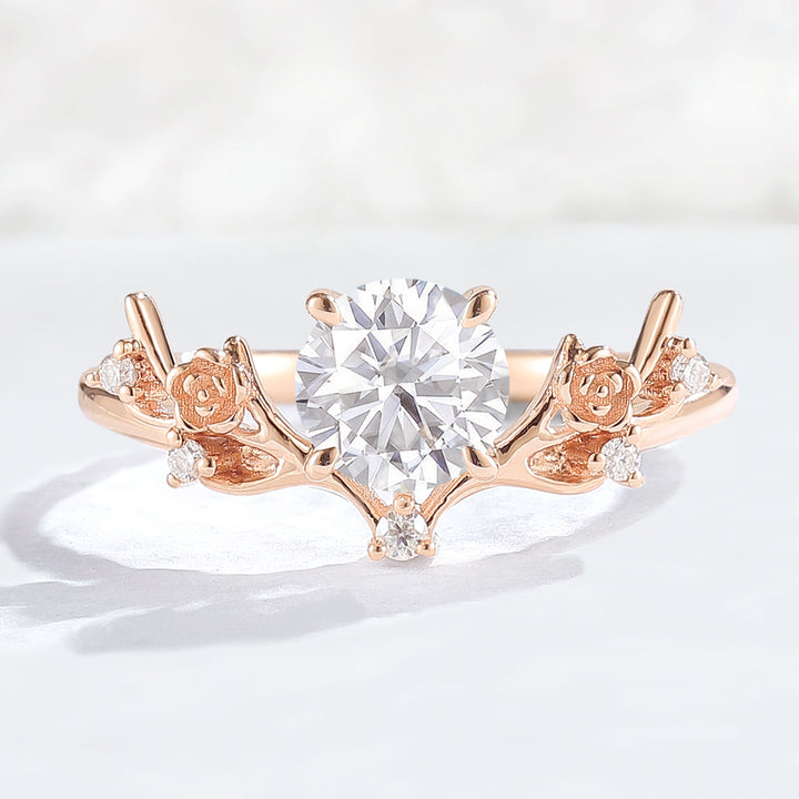 Nature Inspired Round Cut Moissanite Antlers Handmade Ring