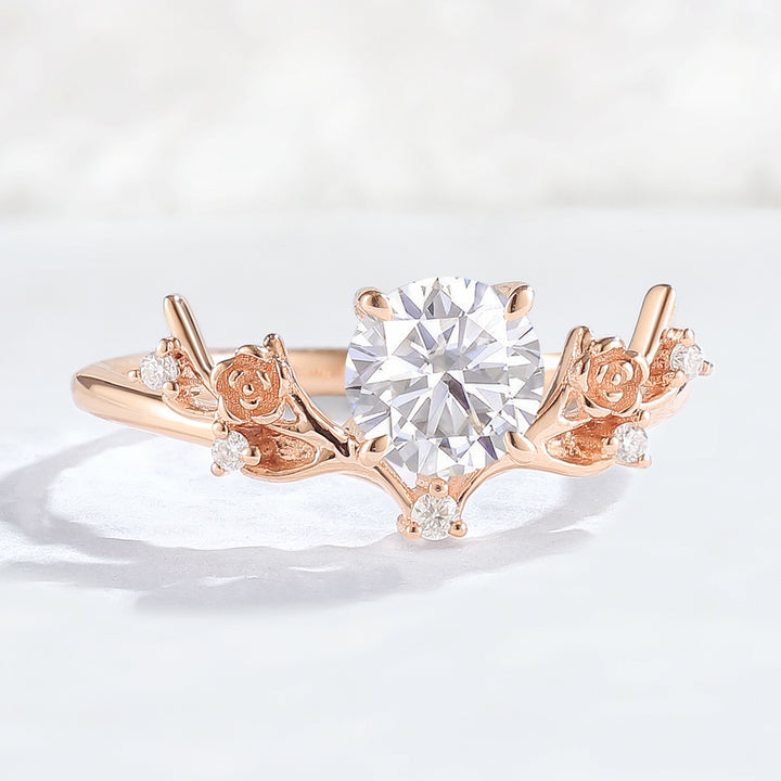 Nature Inspired Round Cut Moissanite Antlers Handmade Ring