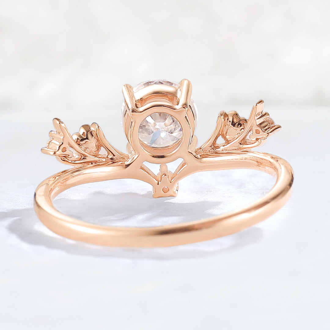Nature Inspired Round Cut Moissanite Antlers Handmade Ring