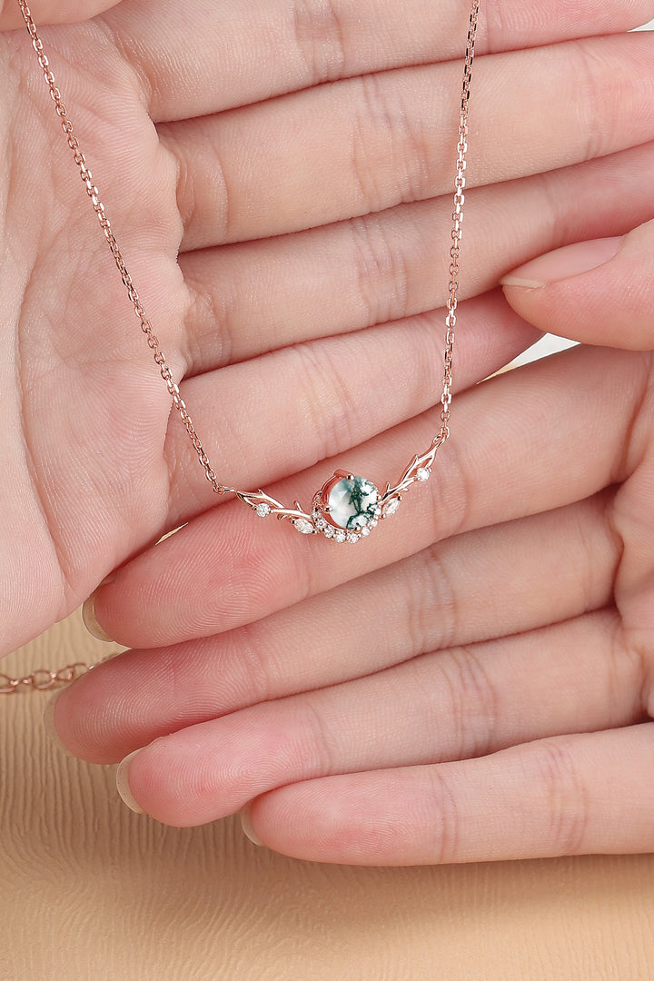 Nature Inspired Round Cut Moss Agate Vine Necklace