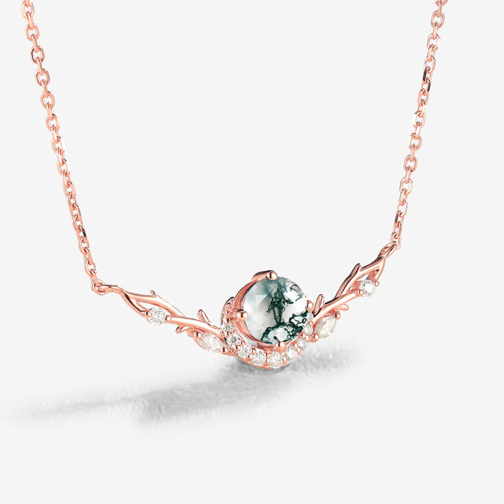 Nature Inspired Round Cut Moss Agate Vine Necklace