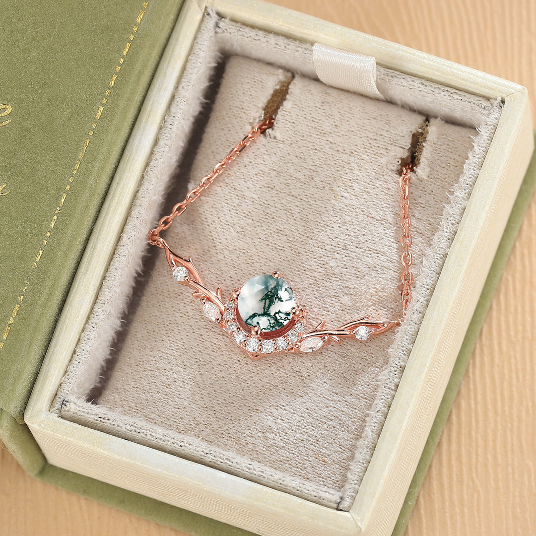 Nature Inspired Round Cut Moss Agate Vine Necklace