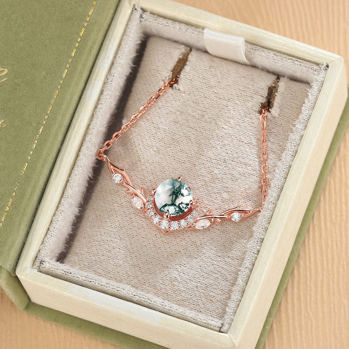 Nature Inspired Round Cut Moss Agate Vine Necklace
