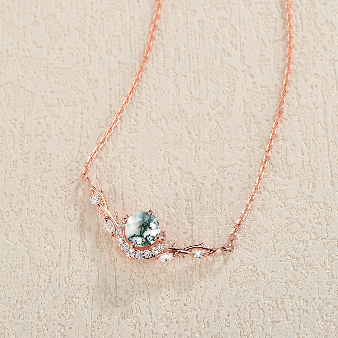 Nature Inspired Round Cut Moss Agate Vine Necklace