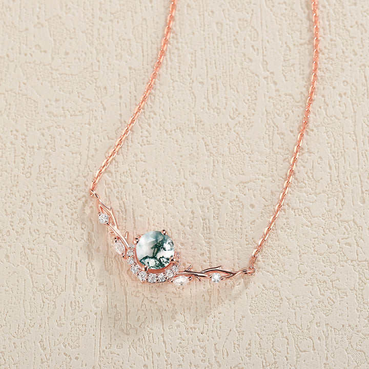 Nature Inspired Round Cut Moss Agate Vine Necklace