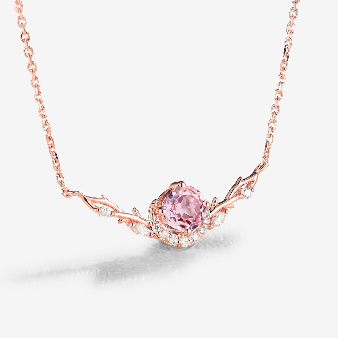 Nature Inspired Round Cut Pink Sapphire Vine Necklace