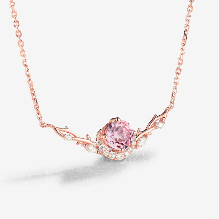 Nature Inspired Round Cut Pink Sapphire Vine Necklace
